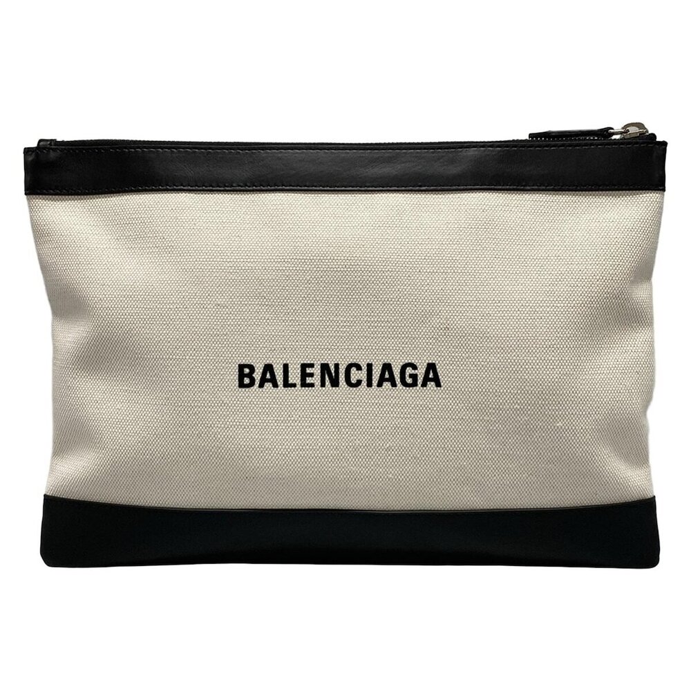 BALENCIAGA Navy Blue Clip Clutch Bag Ivory White Black Leather